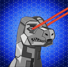 a cartoon drawing of a robotic dinosaur with a blue background