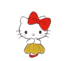 hello kitty is wearing a yellow dress and a red bow and is surrounded by hearts .