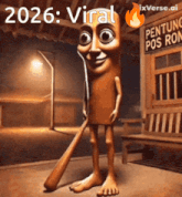 a cartoon of a sausage holding a baseball bat with the year 2026 written on it