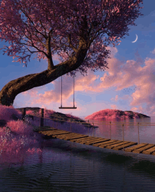 a wooden bridge over a body of water with a swing under a cherry blossom tree