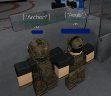 two soldiers are standing next to each other and one of them has the name archon