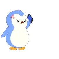 a blue and white penguin with a red angry face