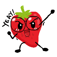 a cartoon illustration of a strawberry with glasses and arms and legs says yeat