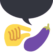 a speech bubble with a hand holding an eggplant next to it