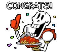 a cartoon skeleton is holding a plate of food and saying congrats .