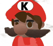 a cartoon character with a red hat and a letter k on his hat