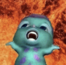 a close up of a cartoon character with its mouth open in front of a fire .