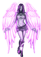 a purple angel is holding two guns in her hands