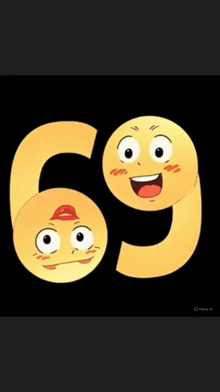 two yellow smiley faces with the number 69 in the background