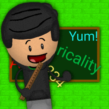 a cartoon character holding a ruler in front of a blackboard that says yum!