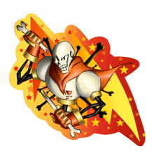 a cartoon drawing of papyrus with a red cape and a sword