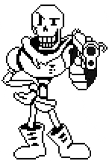 papyrus is holding a gun in his hand in a pixel art style .