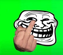 a troll face with a hand giving the middle finger .