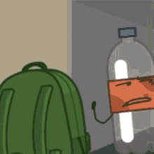 a cartoon of a backpack and a bottle with a sad face