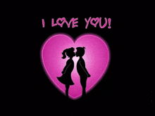 a boy and a girl kissing in front of a pink heart with the words " i love you "