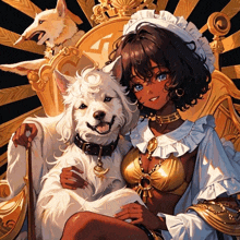 a girl in a bikini sits on a throne with a white dog