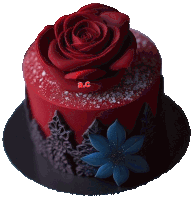 a red cake with a red rose and a blue flower on top