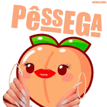 an illustration of a peach with a green leaf and the words pessega on the bottom