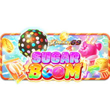 a colorful sign that says sugar boom with candy and coins on it