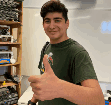 a young man in a green shirt gives a thumbs up sign