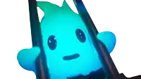 a blue cartoon character with a green leaf on his head