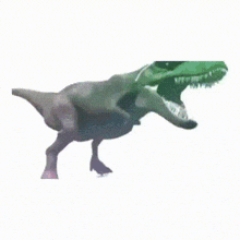 a t-rex is walking on a white background with its mouth open .