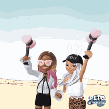 a cartoon of two girls holding up dumbbells with the word zepetto on the bottom right