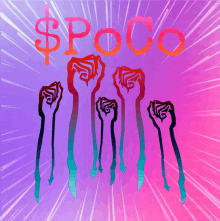 a purple and pink background with a dollar sign and a bunch of fists