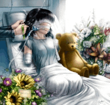 a woman in a hospital bed with a teddy bear and flowers