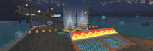 a computer generated image of a dock with a red and yellow sign