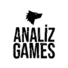 a black and white logo for analiz games with a wolf .