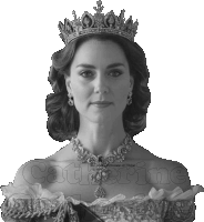 a black and white photo of a woman wearing a tiara and a necklace with the name catherine below her