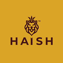 a logo for haish with a lion with a crown on it