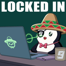 a penguin wearing a sombrero is sitting in front of a laptop with the words " locked in " on the bottom