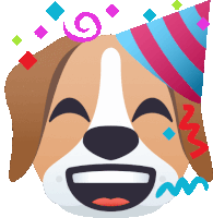 a cartoon dog wearing a party hat with confetti coming out of it