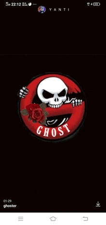 a ghost logo with a skull and a rose on a black background