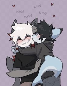 a drawing of two furry characters hugging each other with the word kiss written on the bottom