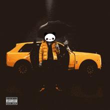 a panda bear is holding an umbrella in front of a yellow car with parental advisory written on the bottom