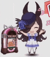 a cartoon girl is standing next to a jukebox .