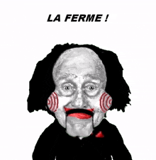 a drawing of a man with a puppet face and the words la ferme below him