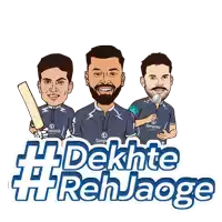 a cartoon of three cricket players with the words #dekhte #rehjaage below them