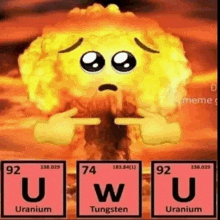 a cartoon character is holding a nuclear explosion in front of a periodic table .