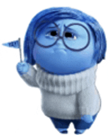 a blue cartoon character from inside out is holding a small flag .