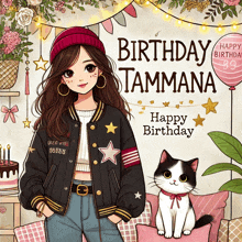 a birthday card with a girl and a cat and the name tammana