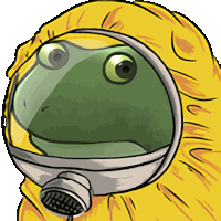 a frog is wearing a gas mask and a yellow jacket