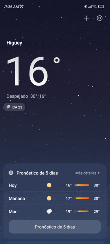 a phone screen shows the temperature at 16 degrees in higüey