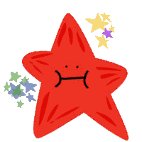 a red star with a sad face surrounded by colorful stars