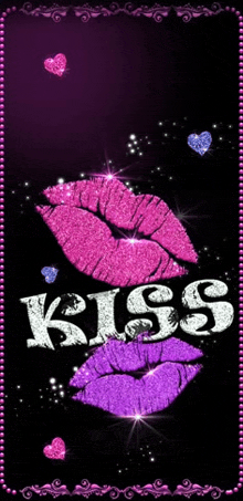 a pink and purple kiss on a black background with hearts .
