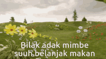 a field of flowers with the words " bilak adak mimbe suuh belanjak makan " on the bottom