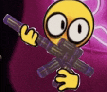 a cartoon smiley face is holding a purple gun .